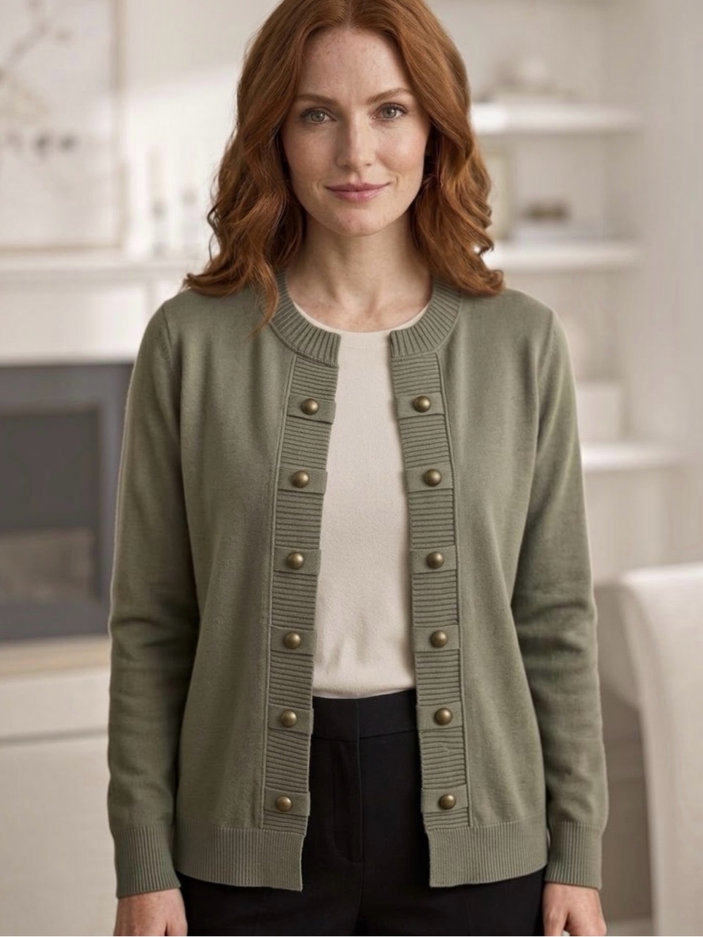 J. Jill Olive Green Open Front Military Button Ribbed Cardigan Knit Sweater LP